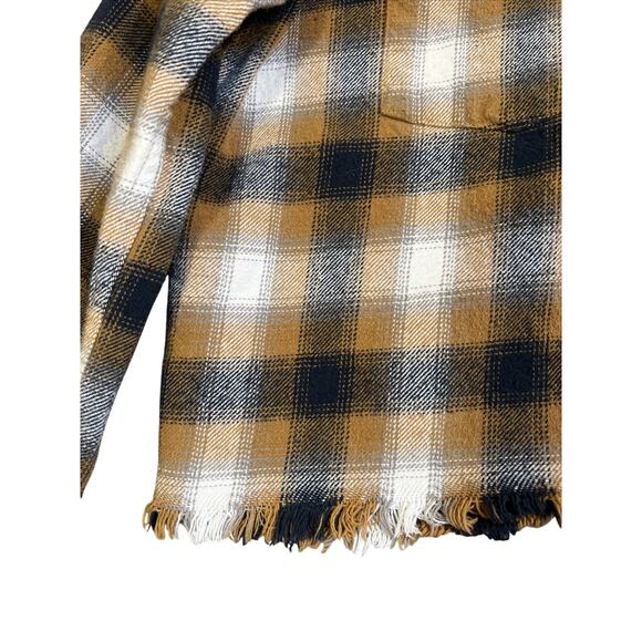 OBEY WORLDWIDE Flannel Shirt Women's Small Tan Blue Cropped Raw Hem Grunge Punk - Picture 3 of 12